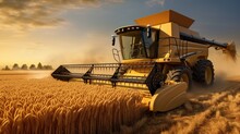 Wheat Harvesting Excellence: Witness The Efficiency Of A Harvester Machine As It Reaps Golden Ripe Wheat In A Picturesque Countryside