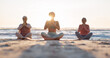 © Azeemud/peopleimages.com - Beach yoga class, sunset and meditation instructor coaching zen mindset, spiritual chakra healing or breathing exercise. Freedom, calm and people learning pilates, training and coach teaching group