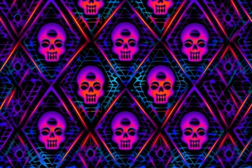 Wall Mural - Abstract neon pattern with different skulls background