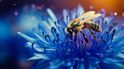 Sticker - A bee collects pollen from a cornflower. Blue bee cornflower, close up on natural background. macro photography.