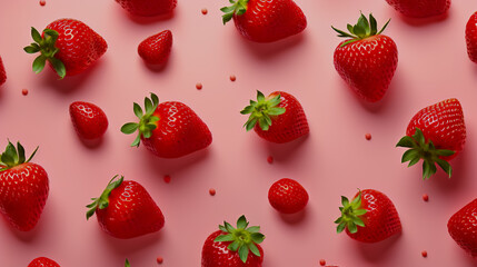 Wall Mural - Fresh strawberry seamless pattern. Ripe strawberries isolated on pink. Package design background.