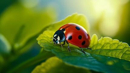 Wall Mural - Ladybird at morning on green leaf. Close-up.