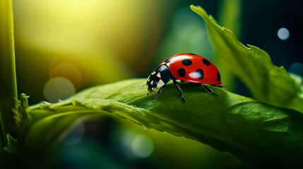 Sticker - Ladybird at morning on green leaf. Close-up.