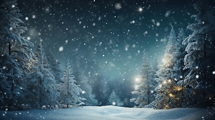 Snowy pine trees and festive ornaments on a winter background with copy space