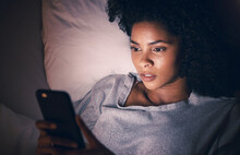 Sad, night and phone with woman in bedroom for social media app, insomnia and networking. Communication, contact and internet with female person in bed at home for mobile, online and technology