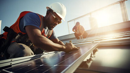 Two professional worker installing solar panels on the roof of a house. Concept of alternative and renewable energy.