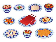 Set Of Central Asian Food Cuisine Dishes In Cartoon Style. Different Kinds Of Central Asian Cuisine Samsa, Shorpa, Shashlik, Pilaf, Lagman Soup And Beshbarmak Vector Set