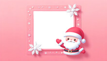 Christmas Isolated Frame Background. Santa Claus Waving Gently From The Bottom Right Corner, Set Against A Pastel Pink Background. Christmas Png.