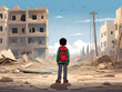 child in destroyed city in Palestine Israel war conflict. Humanitarian crisis concept.Free Palestine.