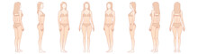 Woman Body. Full-length Standing Portrait. Set Of Body-positive Female. Five Angles Figure Front, 3 Of 4, Side Views Shape. Vector Fashion Silhouette Outline Line Illustration