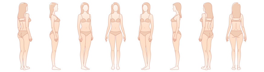 Woman body. Full-length standing portrait. Set of body-positive female. Five angles figure front, 3 of 4, side views shape. Vector fashion silhouette outline line illustration