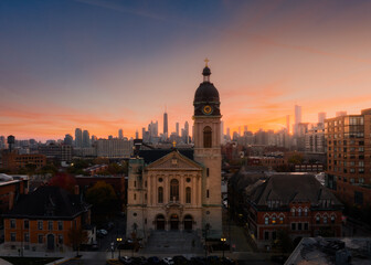 Wall Mural - Chicago skyline with church aerial view