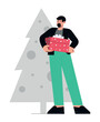 Man with a Christmas present near New Year tree. Flat vector minimalist illustration for winter holidays