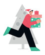 Man running in Santa hat with a lot of presents and gifts for Christmas. Flat vector minimalist illustration for winter holidays