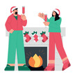 Happy couple with wine celebrating together Christmas near the fireplace with socks. Flat vector minimalist illustration for winter holidays