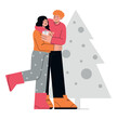 Happy couple in love celebrating Christmas with presents. Flat vector minimalist illustration for winter holidays