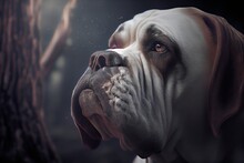 Bullmastiff Dog Portrait In The Dark, Close-up. Generative AI.