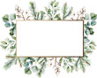 Watercolor winter greenery frame, Christmas card template. Hand painted pine and fir tree branches, cotton. Golden border. Template with space for text, greeting cards, invitation, decoration, print.