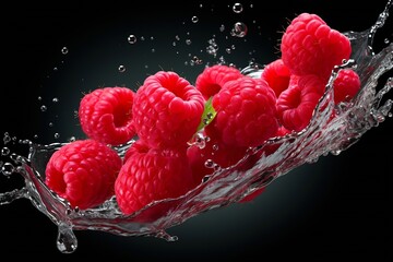Poster - Generative AI : Fresh raspberry in water splash isolated on white background.