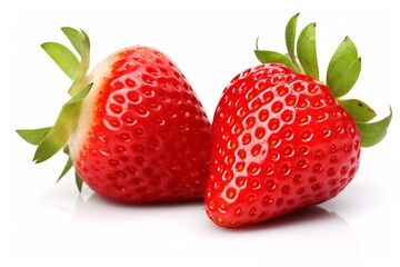 Poster - Generative AI : Juicy Strawberry with half sliced isolated on white background.