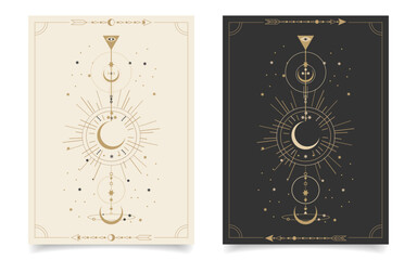 Wall Mural - Set of esoteric mystical posters with spiritual symbols, moon, sun, stars. Templates on light and dark backgrounds, boho style. Vector
