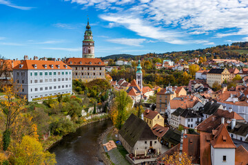 Wall Mural - View of historical center of Cesky Krumlov town on Vltava riverbank on autumn day, Czechia.