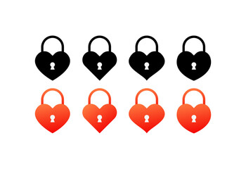 Wall Mural - Heart shaped key lock icons. Different styles, red, heart-shaped lock. Vector icons