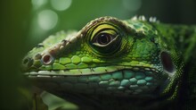 Close Up Of A Green Lizard In The Rainforest Of Costa Rica. Generative AI. 