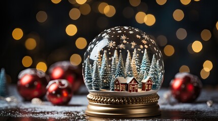 Poster - Boule de noël avec paysage sapin et neige