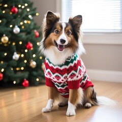 Wall Mural - cute little dog wearing an ugly christmas sweater - portrait photo