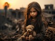 © Gizmo - A little girl in an empty city destroyed by war, refugees without a home and parents, stop the war and aggression. In hands with a plush toy and a weapon for self-defense