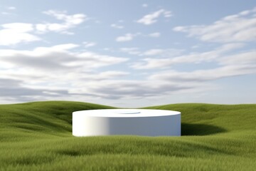 Wall Mural - Abstract 3d render platform natural background, White podium on the grass field backdrop cloud and sky for product stand display advertising, cosmetic or etc. generative ai.