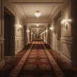 Photo shot in Detail shot, classical hotel hallway, 3d render. AI generated.