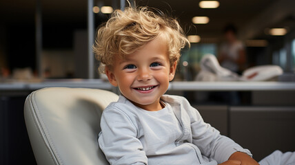 Wall Mural - smiling boy sitting in armchair in office