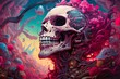 a creepy skull on the ground in a surreal environment with trees and flowers