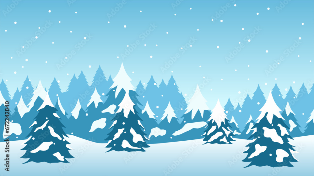 Winter pine forest landscape vector illustration. Silhouette of snow ...