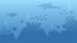 Underwater landscape vector illustration. Bottom sea landscape with fish, coral reef and dolphin. Sea world silhouette for background, wallpaper or landing page. Deep sea landscape vector background