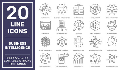 Set of 20 modern line icons related to strategy, management, system, business intelligence. Simple mono line pictograms and infographics design symbols. Editable Stroke