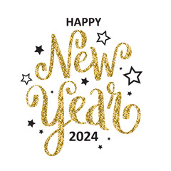 Canvas Print - HAPPY NEW YEAR 2024 gold glitter vector brush calligraphy banner with stars on white background
