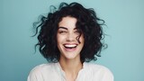 Portrait of a black hair white female with Overjoyed and Thrilled expression against pastel background with space for text, background image, AI generated