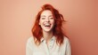 Portrait of a red hair white female with Overjoyed and Thrilled expression against pastel background with space for text, background image, AI generated