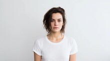 Portrait Of A Woman With A Disappointed Expression Against White Background With Space For Text, Background Image, AI Generated