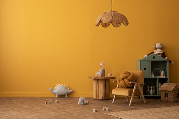 Wall Mural - Minimalist composition of warm kid room interior with copy space, yellow wall, round stool, plush toys, green shelf, rattan lamp, bear rug, books and personal accessories. Home decor. Template.