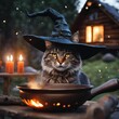 AI generated illustration of a black cat wearing a witch's hat in a spooky outdoor setting