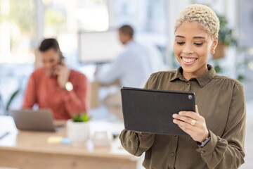 Aufkleber - Black woman, office planning and tablet for online research, business strategy and startup company target goals. Manager, worker or person on digital technology for employees workflow or schedule app
