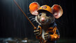 a mouse in a hat holding a fishing rod in the rain.  generative ai