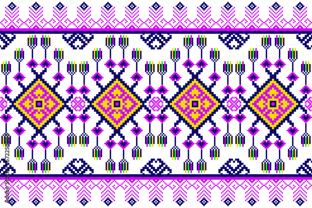 Cross Stitch Pixel Pattern. Ethnic abstract art. Seamless pattern in tribal, folk embroidery, and Mexican style. Aztec geometric ornament print. Design for carpet, wallpaper, clothing, textile.