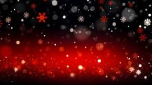 Red And Black Background With White Snowflakes. Glowing Circles, Festive Mood. Snowfall With Different Snowflake Designs