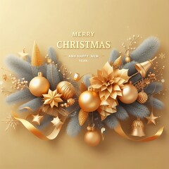 christmas background with golden balls and snowflakes merry christmas and happy new banner design with yellow decoration with space for copy created with generative ai