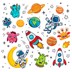 Wall Mural - set of cosmos in doodle style: astronaut, planets, stars, rocket and alien, monster for design. scie